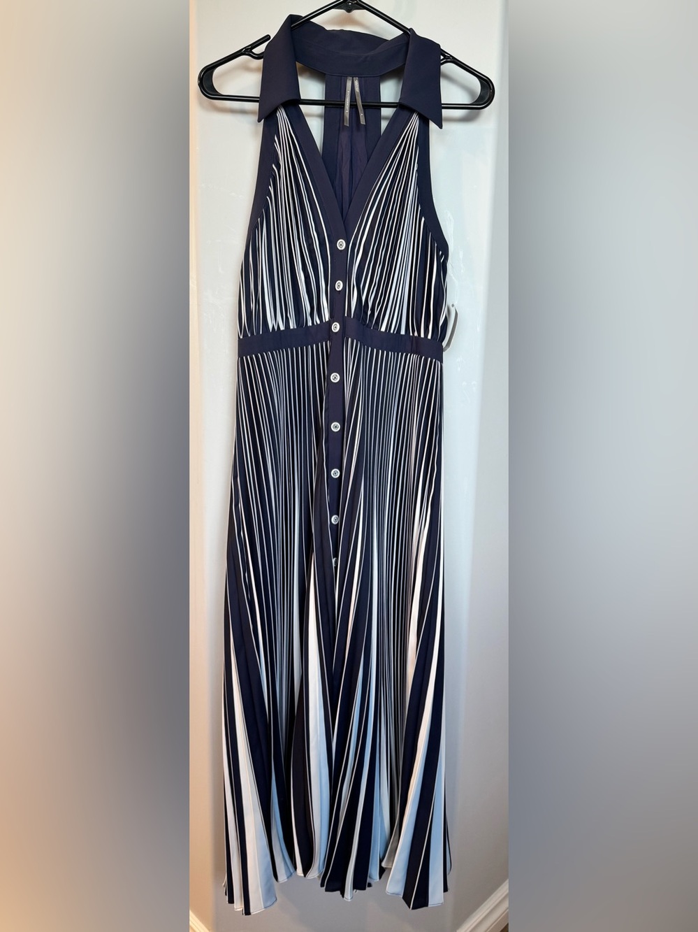 Anthropologie Navy and White Striped Halter Midi Dress - Picture 2 of 7